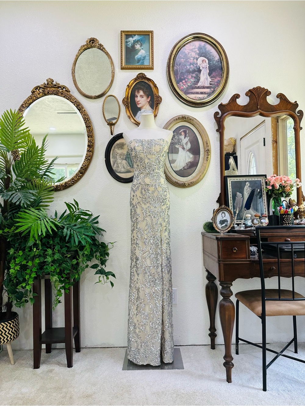 Xtraordinary Silver Sequin Ivory Strapless Evening Gown